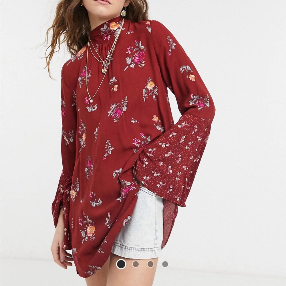 Free People Floral Long Sleeve Tunic in Red